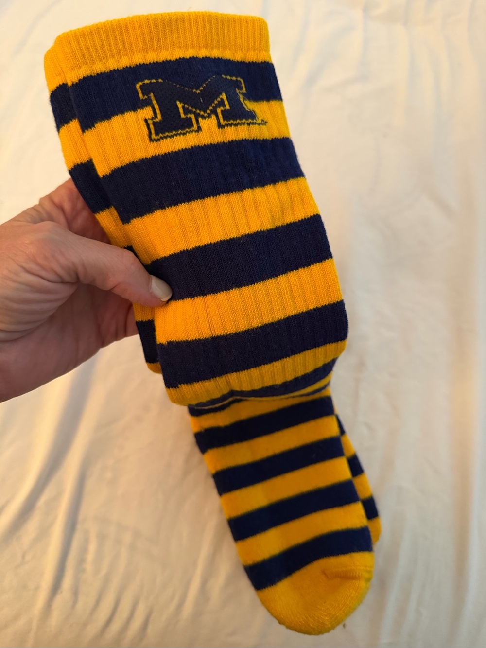 Striped Navy and Yellow Knee-High Socks with Embroidered 'M'